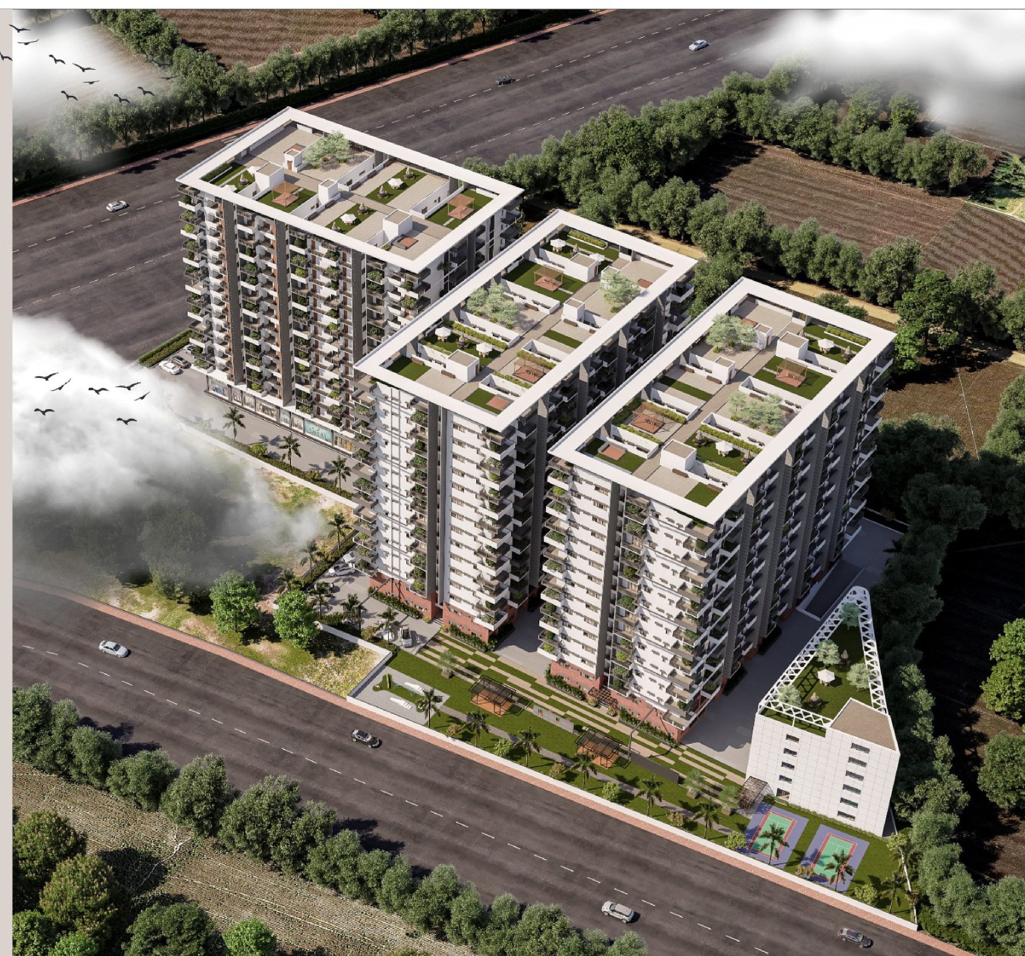 Aerial architect's impression of Anmol Avalon Towers